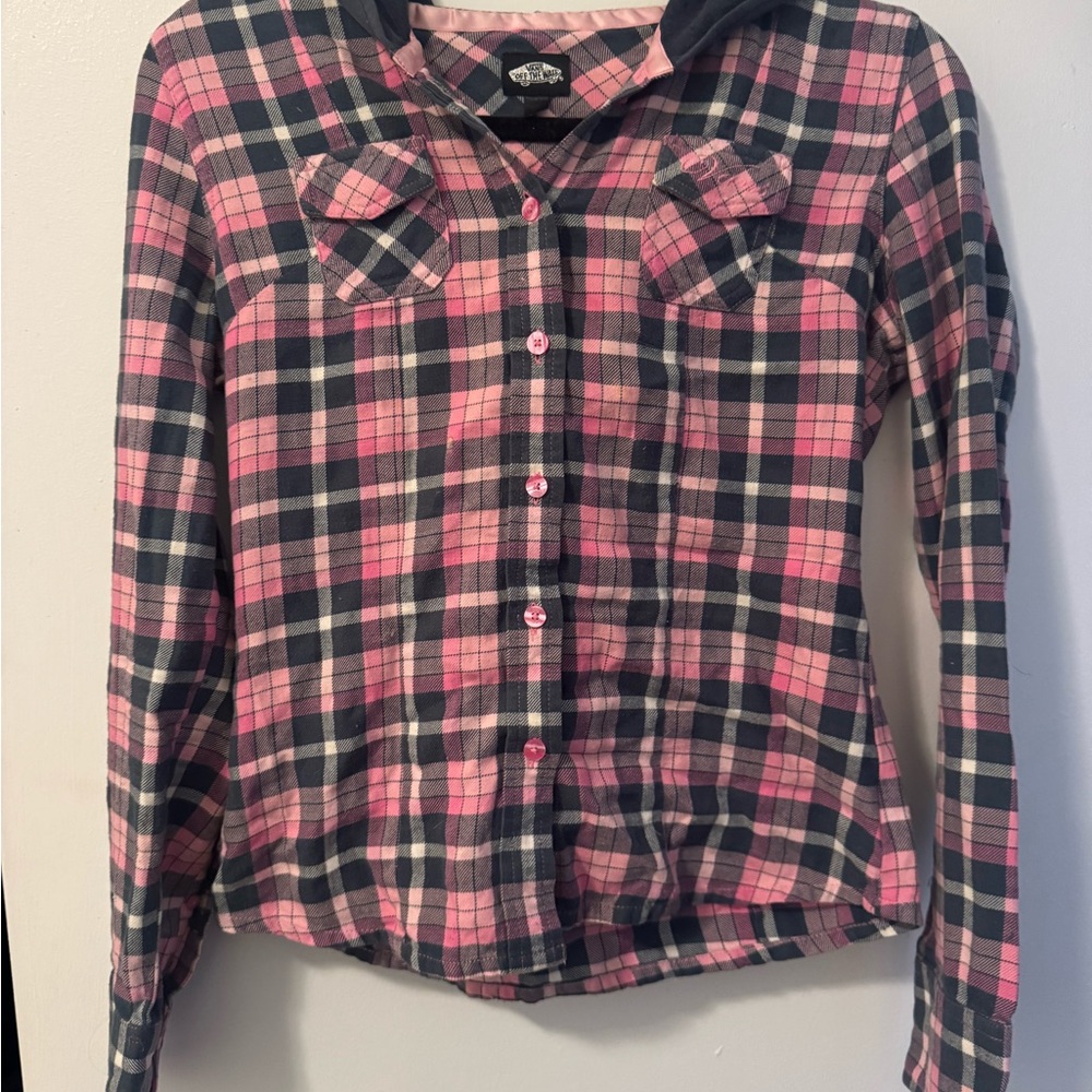 Pink and Blue Plaid Button-Up Shirt